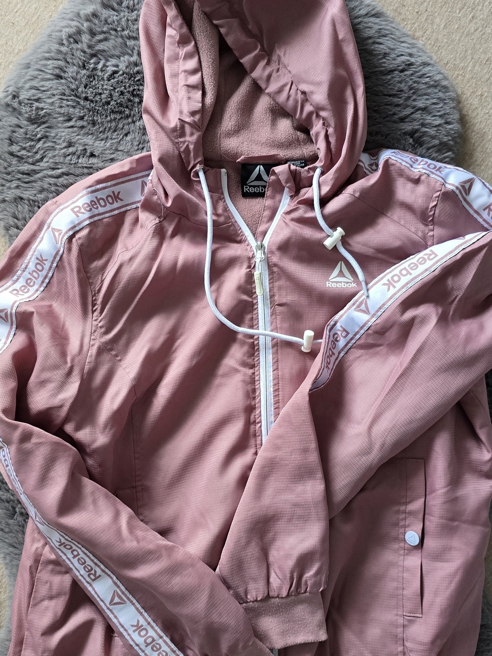 Reebok Pink Hooded Bomber Jacket with Logo Tape